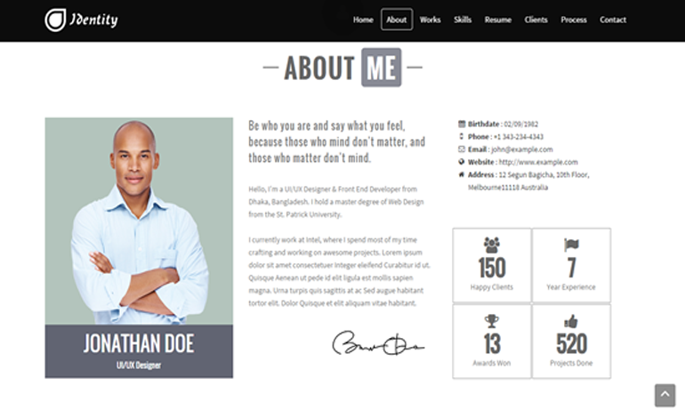 Identity Personal vCard CV Portfolio WP Theme