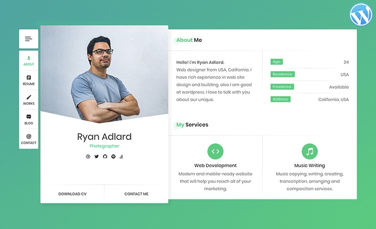 RyanCV Resume CV vCard WordPress Theme