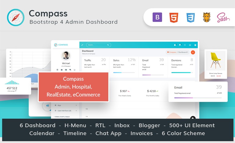 Compass  Bootstrap 4 Admin for Hospital RealEstate eCommerce